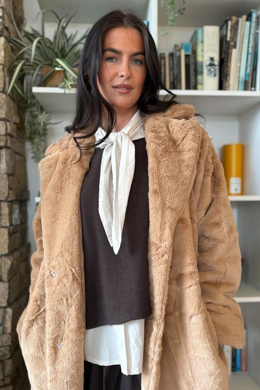 Mara Luxury Faux Fur Long Coat Camel 
